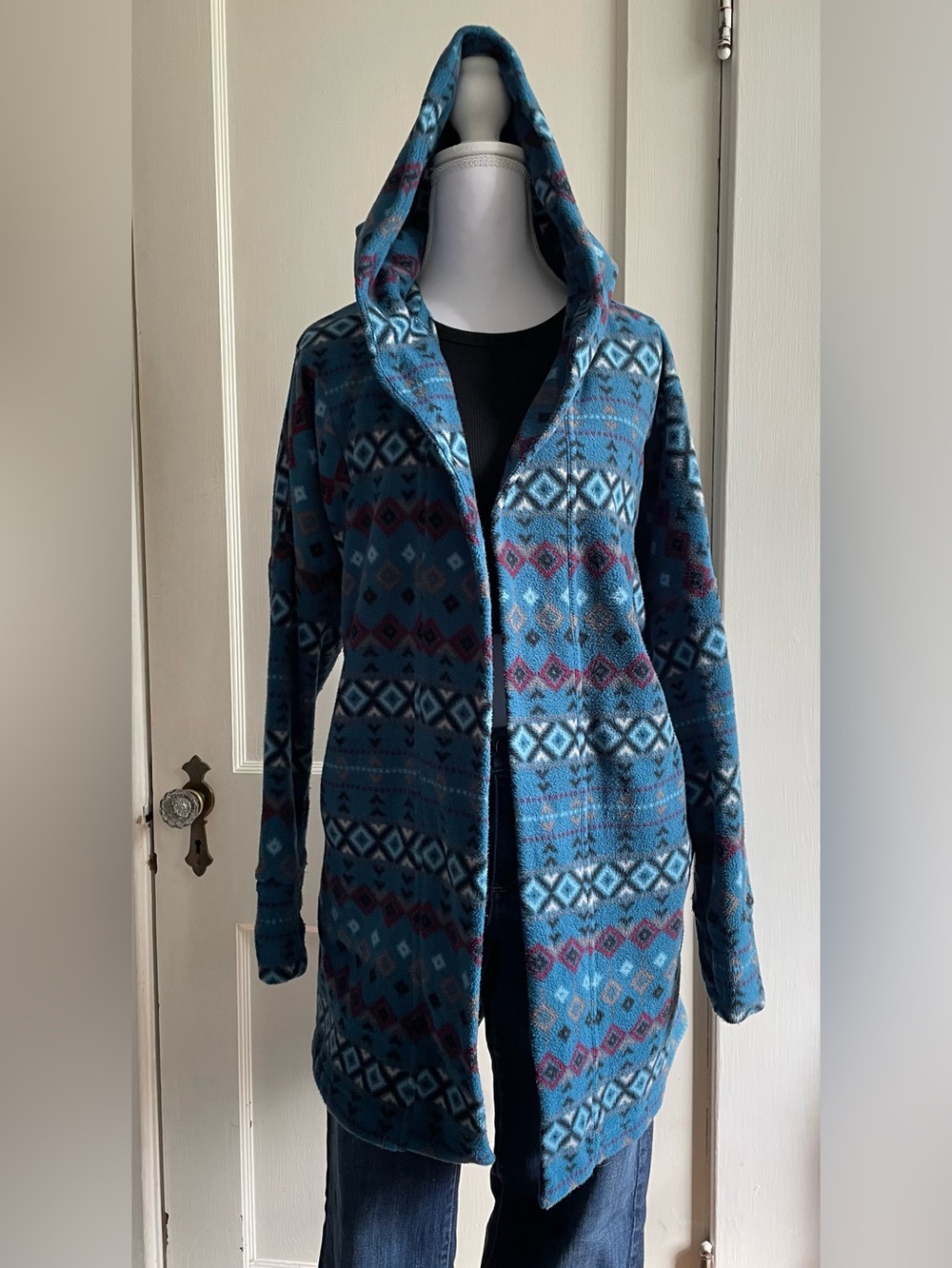 Cuddl Duds Teal Hooded Open-Front Teddy Jacket with Fair Isle Pattern